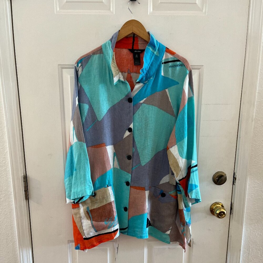 Ail Miles Plus-Size 100% Linen Abstract Color Block Button-Up Tunic Sz 2x